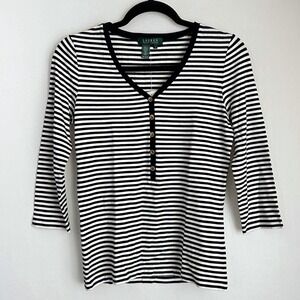 NWT Ralph Lauren Blue White Stripe 3/4 Sleeve Button Top Riviera Gold‎ Button S